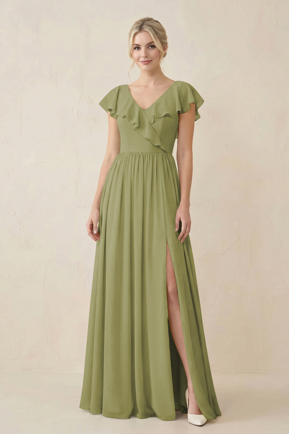 Cap Sleeve A-Line Ruffled Chiffon Bridesmaid Dress in Moss Green - KissProm BRIDESMAID DRESSES
