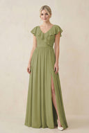 Cap Sleeve A-Line Ruffled Chiffon Bridesmaid Dress in Moss Green - KissProm BRIDESMAID DRESSES