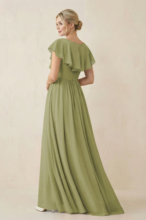 Cap Sleeve A-Line Ruffled Chiffon Bridesmaid Dress in Moss Green - KissProm BRIDESMAID DRESSES