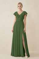 Cap Sleeve A-Line Ruffled Chiffon Bridesmaid Dress in Moss - KissProm BRIDESMAID DRESSES