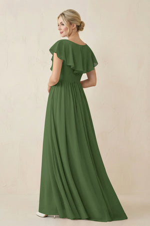 Cap Sleeve A-Line Ruffled Chiffon Bridesmaid Dress in Moss - KissProm BRIDESMAID DRESSES