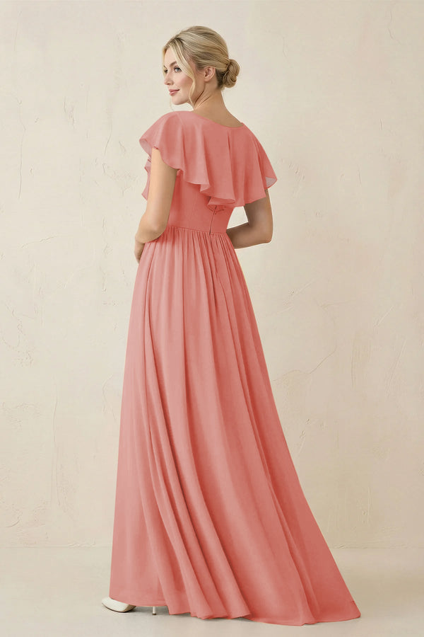 Cap Sleeve A-Line Ruffled Chiffon Bridesmaid Dress in Mulberry - KissProm BRIDESMAID DRESSES