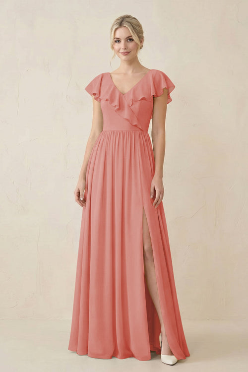 Cap Sleeve A-Line Ruffled Chiffon Bridesmaid Dress in Mulberry - KissProm BRIDESMAID DRESSES