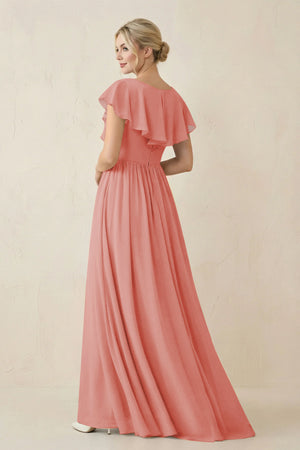Cap Sleeve A-Line Ruffled Chiffon Bridesmaid Dress in Mulberry - KissProm BRIDESMAID DRESSES