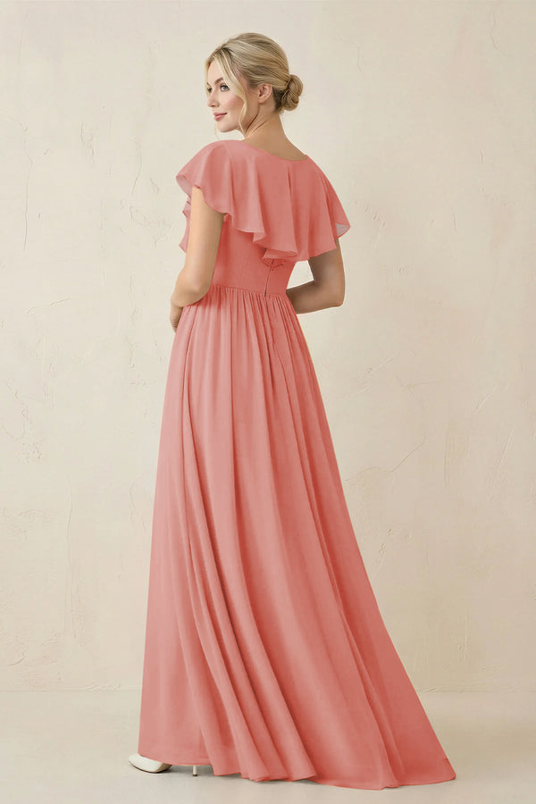 Cap Sleeve A-Line Ruffled Chiffon Bridesmaid Dress in Mulberry - KissProm BRIDESMAID DRESSES