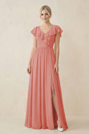 Cap Sleeve A-Line Ruffled Chiffon Bridesmaid Dress in Mulberry - KissProm BRIDESMAID DRESSES
