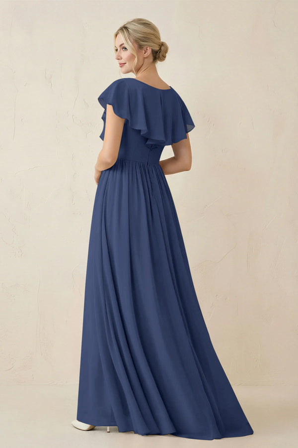 Cap Sleeve A-Line Ruffled Chiffon Bridesmaid Dress in Navy - KissProm BRIDESMAID DRESSES