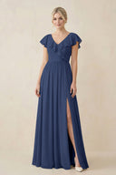 Cap Sleeve A-Line Ruffled Chiffon Bridesmaid Dress in Navy - KissProm BRIDESMAID DRESSES