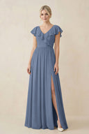 Cap Sleeve A-Line Ruffled Chiffon Bridesmaid Dress in Neptune - KissProm BRIDESMAID DRESSES