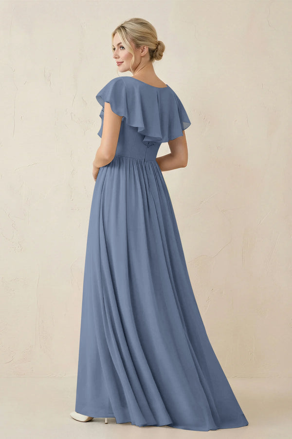 Cap Sleeve A-Line Ruffled Chiffon Bridesmaid Dress in Neptune - KissProm BRIDESMAID DRESSES