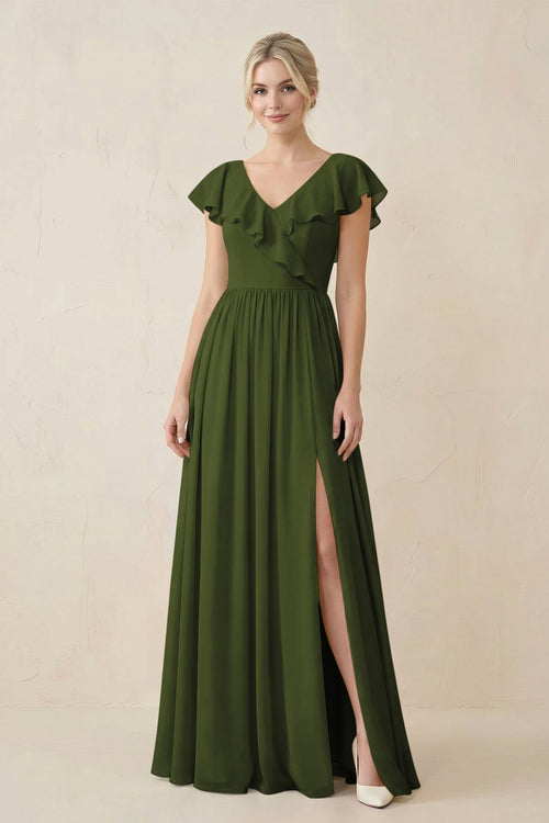 Cap Sleeve A-Line Ruffled Chiffon Bridesmaid Dress in Olive - KissProm BRIDESMAID DRESSES