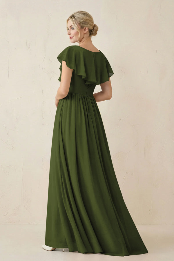 Cap Sleeve A-Line Ruffled Chiffon Bridesmaid Dress in Olive - KissProm BRIDESMAID DRESSES