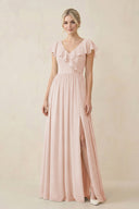 Cap Sleeve A-Line Ruffled Chiffon Bridesmaid Dress in Pale Blush - KissProm BRIDESMAID DRESSES