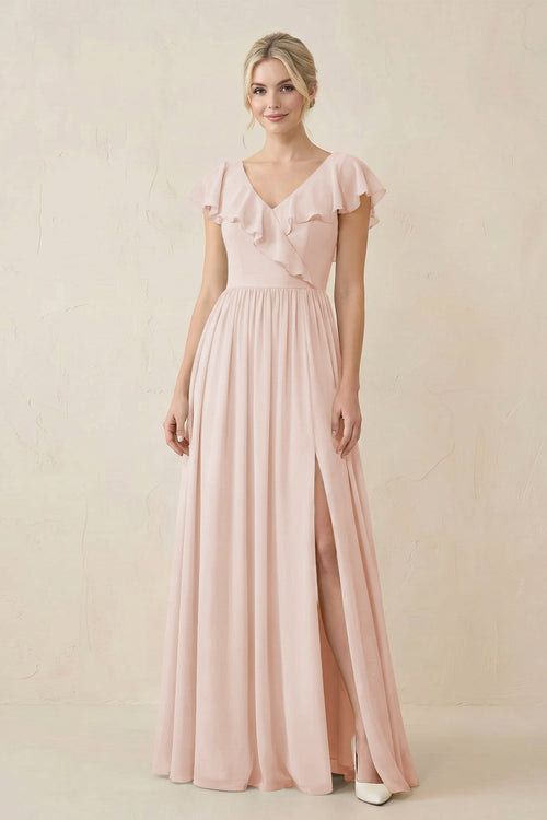 Cap Sleeve A-Line Ruffled Chiffon Bridesmaid Dress in Pale Blush - KissProm BRIDESMAID DRESSES