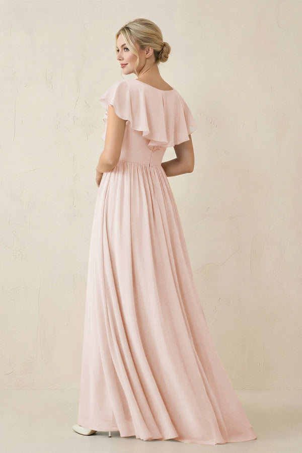 Cap Sleeve A-Line Ruffled Chiffon Bridesmaid Dress in Pale Blush - KissProm BRIDESMAID DRESSES