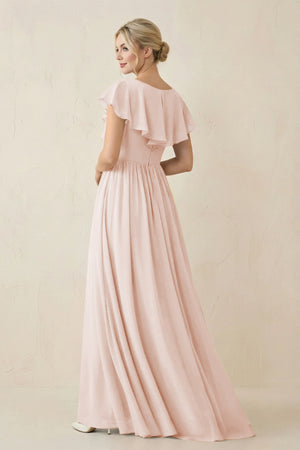 Cap Sleeve A-Line Ruffled Chiffon Bridesmaid Dress in Pale Blush - KissProm BRIDESMAID DRESSES