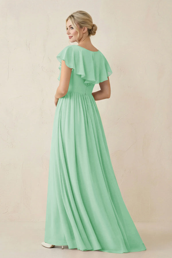Cap Sleeve A - Line Ruffled Chiffon Bridesmaid Dress in Pale Pistachio - KissProm Bridesmaid Dresses