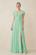 Cap Sleeve A - Line Ruffled Chiffon Bridesmaid Dress in Pale Pistachio - KissProm Bridesmaid Dresses