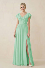 Cap Sleeve A - Line Ruffled Chiffon Bridesmaid Dress in Pale Pistachio - KissProm Bridesmaid Dresses