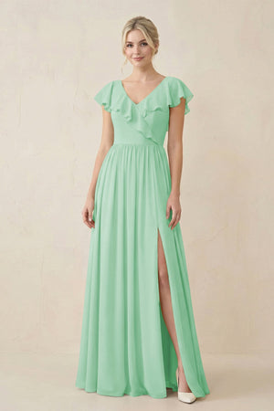 Cap Sleeve A - Line Ruffled Chiffon Bridesmaid Dress in Pale Pistachio - KissProm Bridesmaid Dresses