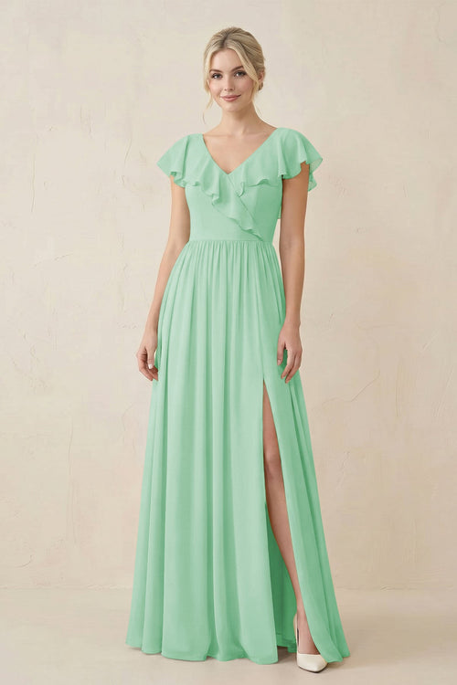 Cap Sleeve A - Line Ruffled Chiffon Bridesmaid Dress in Pale Pistachio - KissProm Bridesmaid Dresses