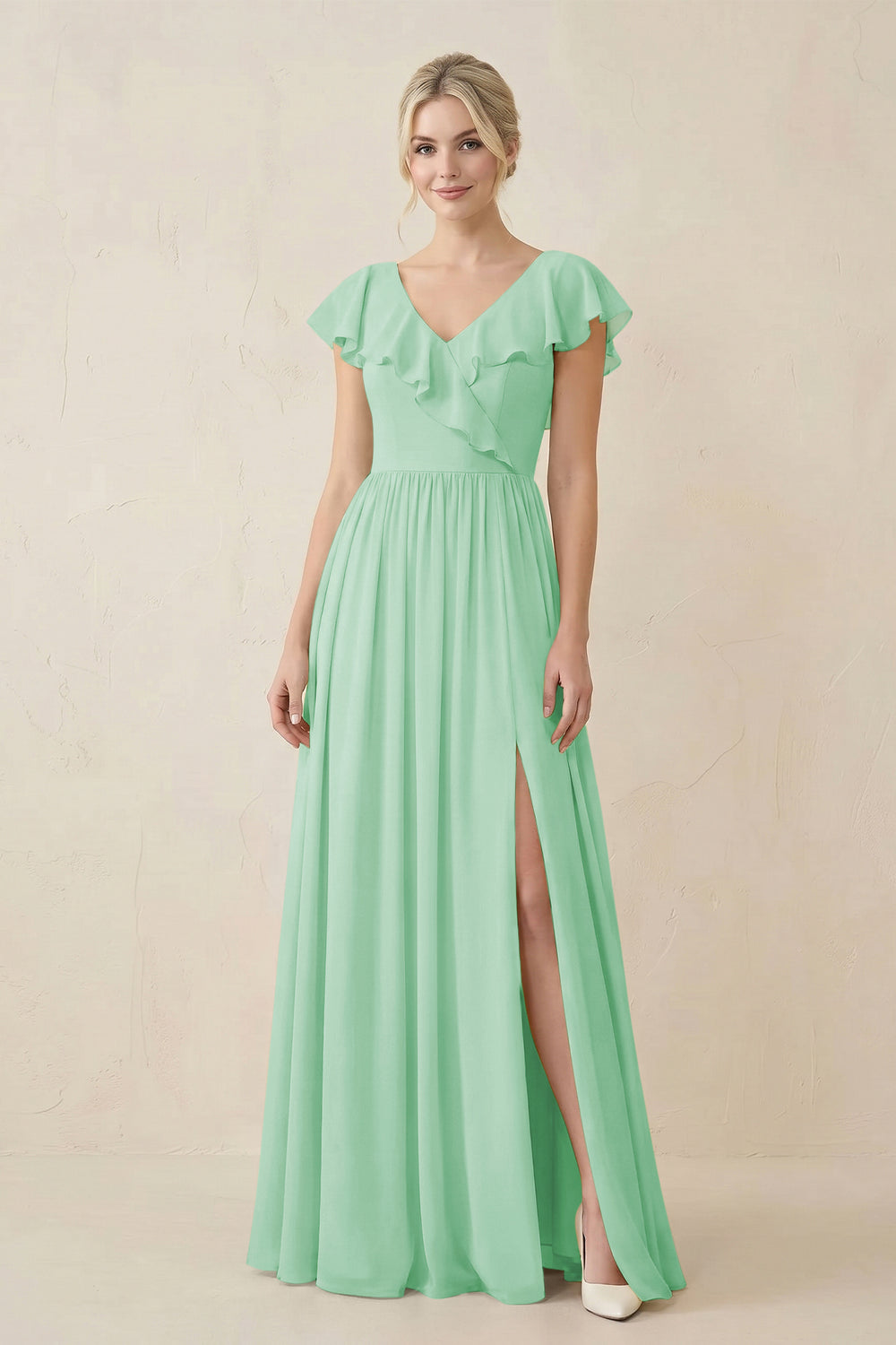 Cap Sleeve A - Line Ruffled Chiffon Bridesmaid Dress in Pale Pistachio - KissProm Bridesmaid Dresses