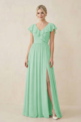 Cap Sleeve A - Line Ruffled Chiffon Bridesmaid Dress in Pale Pistachio - KissProm Bridesmaid Dresses