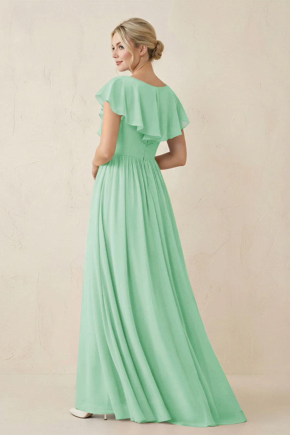 Cap Sleeve A - Line Ruffled Chiffon Bridesmaid Dress in Pale Pistachio - KissProm Bridesmaid Dresses