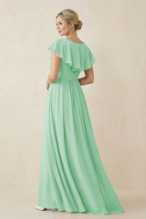 Cap Sleeve A - Line Ruffled Chiffon Bridesmaid Dress in Pale Pistachio - KissProm Bridesmaid Dresses