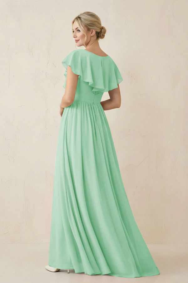 Cap Sleeve A - Line Ruffled Chiffon Bridesmaid Dress in Pale Pistachio - KissProm Bridesmaid Dresses