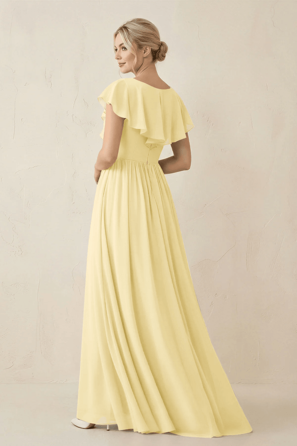 Cap Sleeve A-Line Ruffled Chiffon Bridesmaid Dress in Pastel Yellow - KissProm BRIDESMAID DRESSES