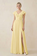 Cap Sleeve A-Line Ruffled Chiffon Bridesmaid Dress in Pastel Yellow - KissProm BRIDESMAID DRESSES