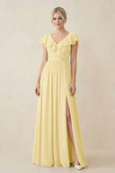 Cap Sleeve A-Line Ruffled Chiffon Bridesmaid Dress in Pastel Yellow - KissProm BRIDESMAID DRESSES