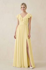 Cap Sleeve A-Line Ruffled Chiffon Bridesmaid Dress in Pastel Yellow - KissProm BRIDESMAID DRESSES