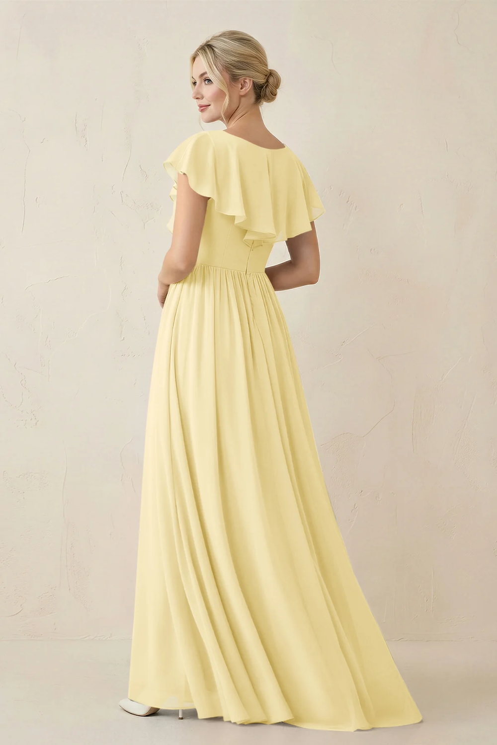Cap Sleeve A-Line Ruffled Chiffon Bridesmaid Dress in Pastel Yellow - KissProm BRIDESMAID DRESSES