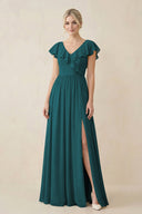 Cap Sleeve A-Line Ruffled Chiffon Bridesmaid Dress in Pine - KissProm BRIDESMAID DRESSES