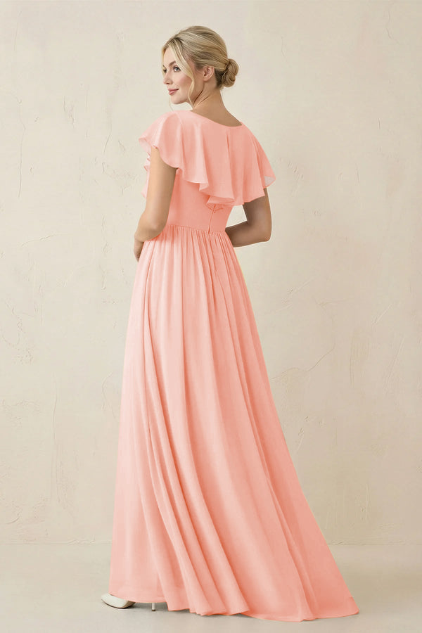 Cap Sleeve A-Line Ruffled Chiffon Bridesmaid Dress in Rose Petal - KissProm BRIDESMAID DRESSES