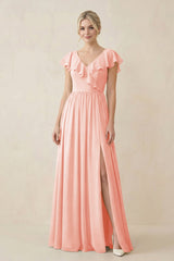 Cap Sleeve A-Line Ruffled Chiffon Bridesmaid Dress in Rose Petal - KissProm BRIDESMAID DRESSES