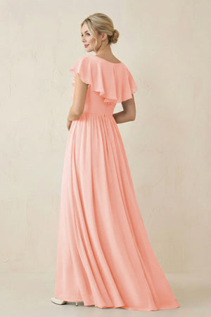 Cap Sleeve A-Line Ruffled Chiffon Bridesmaid Dress in Rose Petal - KissProm BRIDESMAID DRESSES