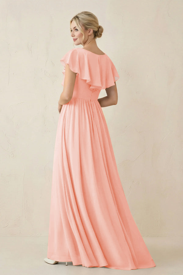 Cap Sleeve A-Line Ruffled Chiffon Bridesmaid Dress in Rose Petal - KissProm BRIDESMAID DRESSES