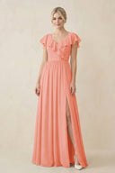 Cap Sleeve A-Line Ruffled Chiffon Bridesmaid Dress in Rosette - KissProm BRIDESMAID DRESSES