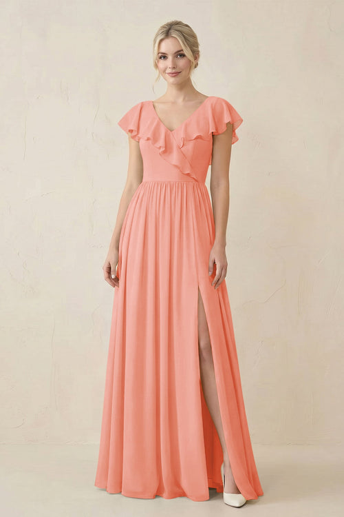 Cap Sleeve A-Line Ruffled Chiffon Bridesmaid Dress in Rosette - KissProm BRIDESMAID DRESSES