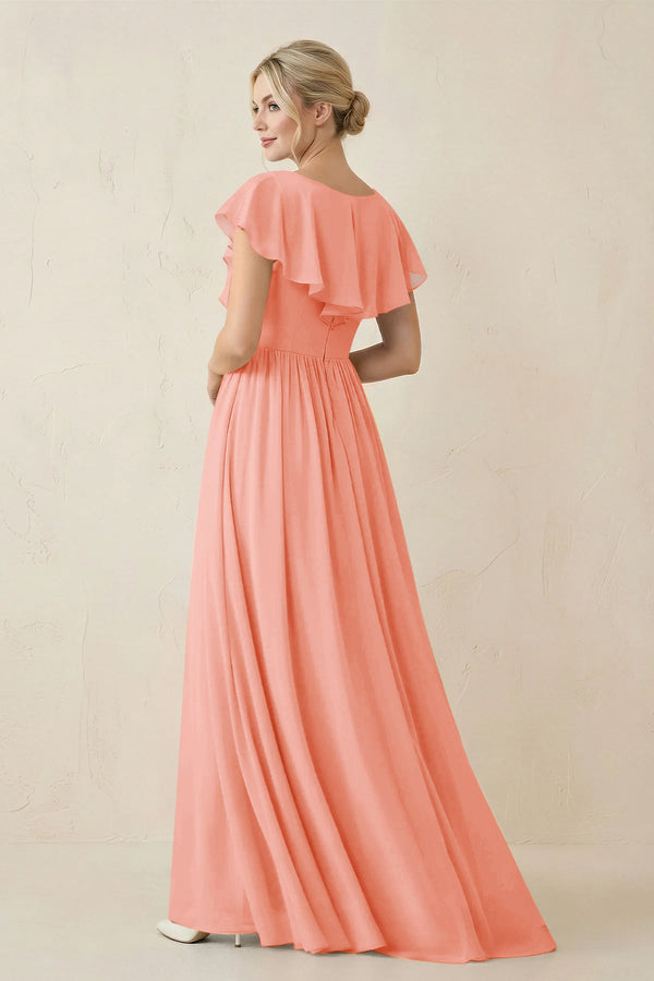 Cap Sleeve A-Line Ruffled Chiffon Bridesmaid Dress in Rosette - KissProm BRIDESMAID DRESSES