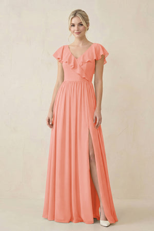 Cap Sleeve A-Line Ruffled Chiffon Bridesmaid Dress in Rosette - KissProm BRIDESMAID DRESSES