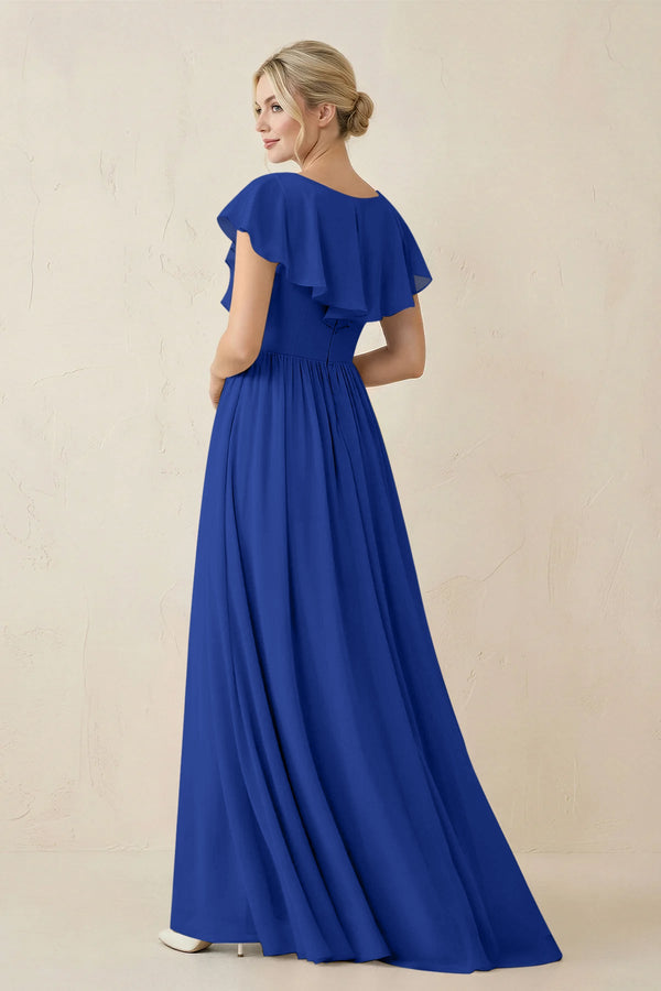 Cap Sleeve A-Line Ruffled Chiffon Bridesmaid Dress in Royal Blue - KissProm BRIDESMAID DRESSES