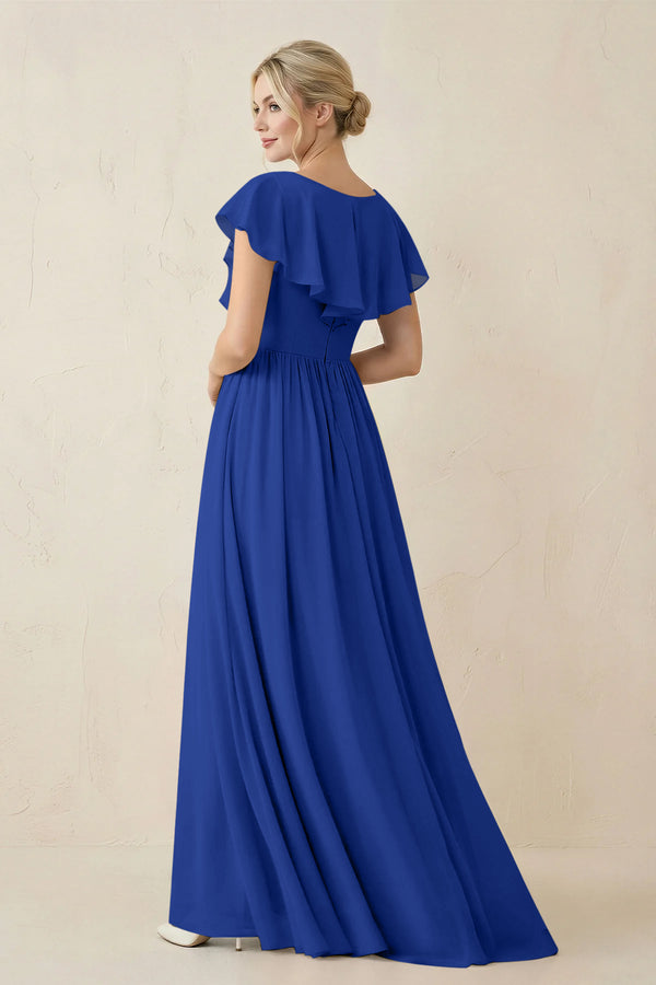 Cap Sleeve A-Line Ruffled Chiffon Bridesmaid Dress in Royal Blue - KissProm BRIDESMAID DRESSES
