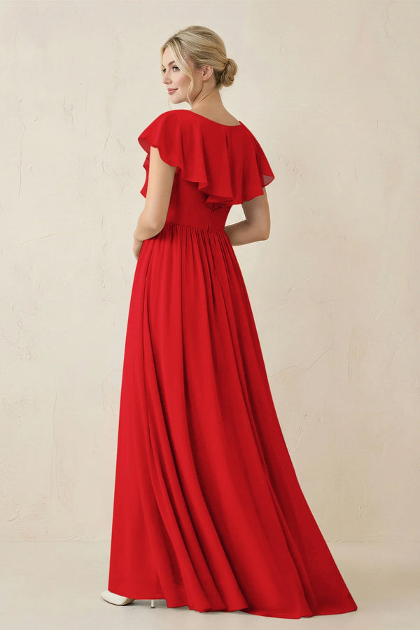 Cap Sleeve A-Line Ruffled Chiffon Bridesmaid Dress in Ruby Red - KissProm BRIDESMAID DRESSES