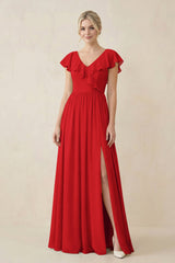 Cap Sleeve A-Line Ruffled Chiffon Bridesmaid Dress in Ruby Red - KissProm BRIDESMAID DRESSES