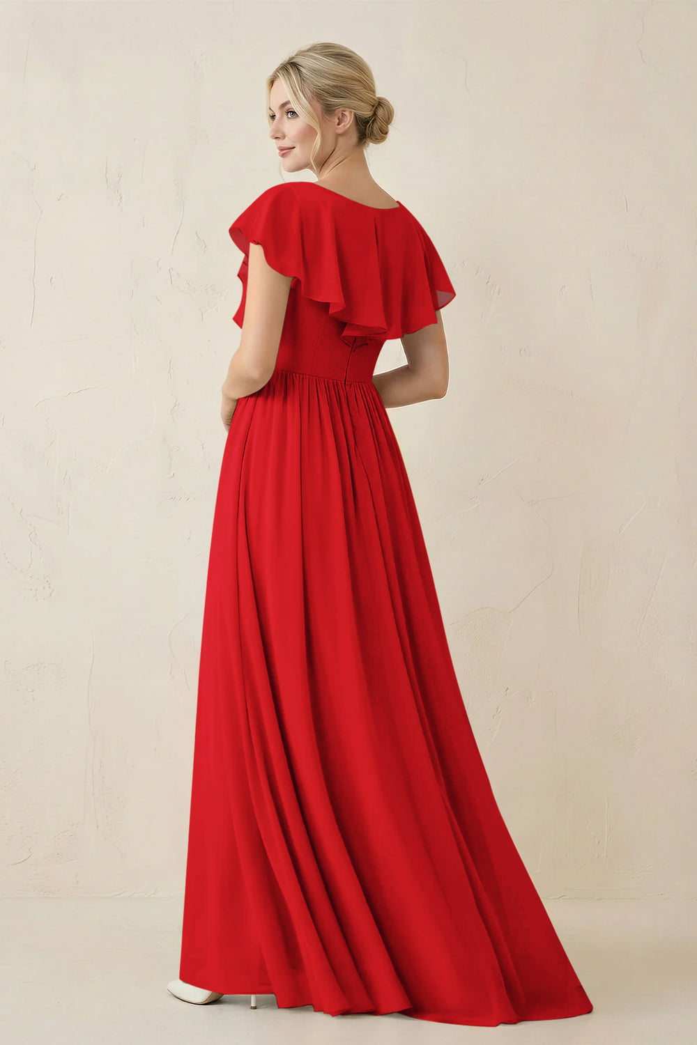 Cap Sleeve A-Line Ruffled Chiffon Bridesmaid Dress in Ruby Red - KissProm BRIDESMAID DRESSES