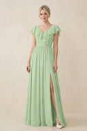 Cap Sleeve A-Line Ruffled Chiffon Bridesmaid Dress in Sage - KissProm BRIDESMAID DRESSES